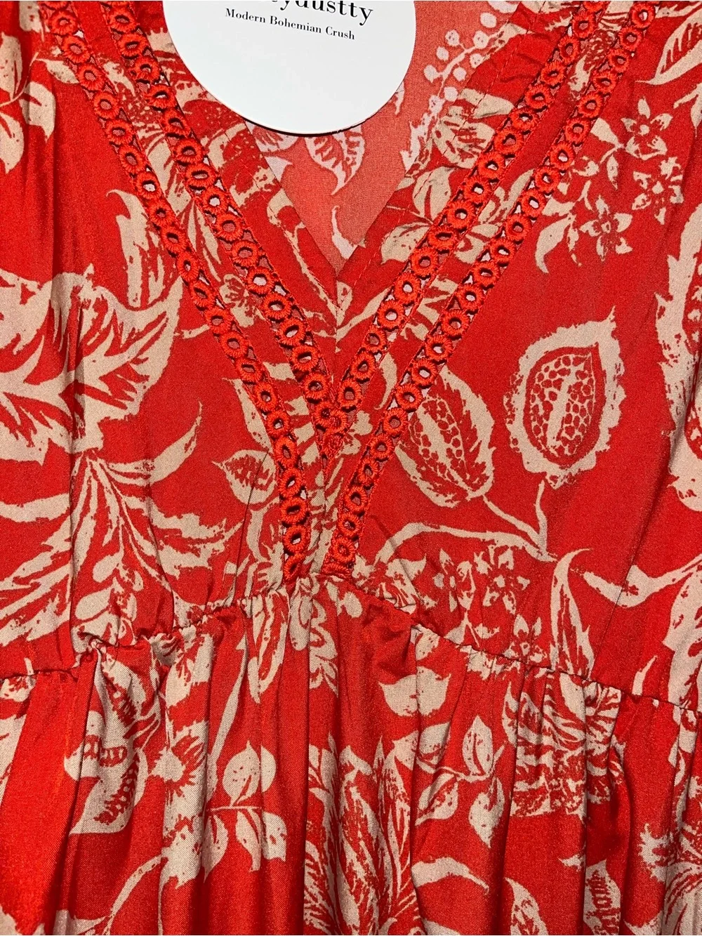 Rusttydustty Bright Red Floral Maxi Dress with Tan Print
